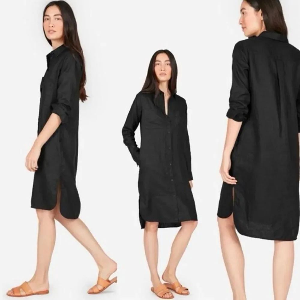 NWOT Chic Everlaneā100% Linen Long Sleeve Button Up Shirt Dress Tunic Black